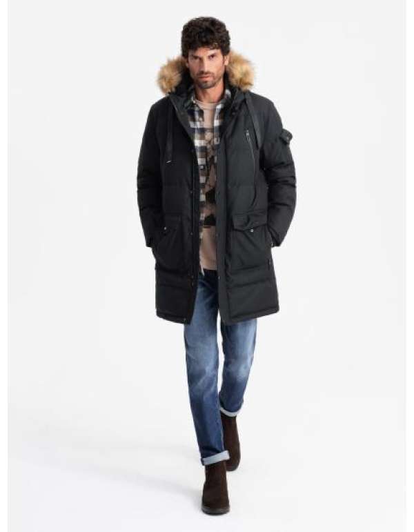 Férfi hosszú meleg parka kabát kapucnival - fekete V2
