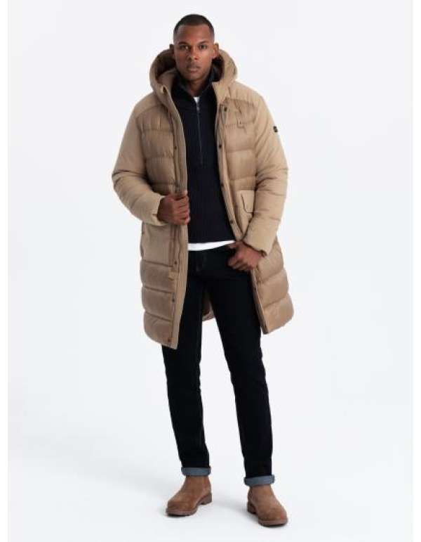 Férfi hosszú steppelt kabát nagy zsebekkel - bézs V2