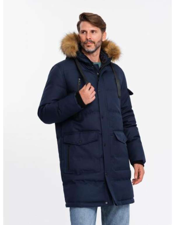 Férfi hosszú szigetelt parka kabát kapucnival - sötétkék V1