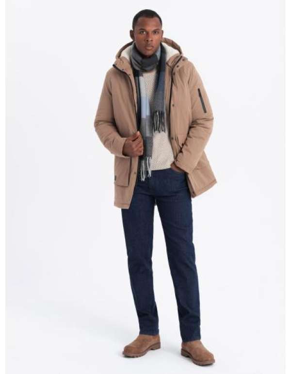 Férfi klasszikus hosszú parka dzseki sherpa - bézs V1