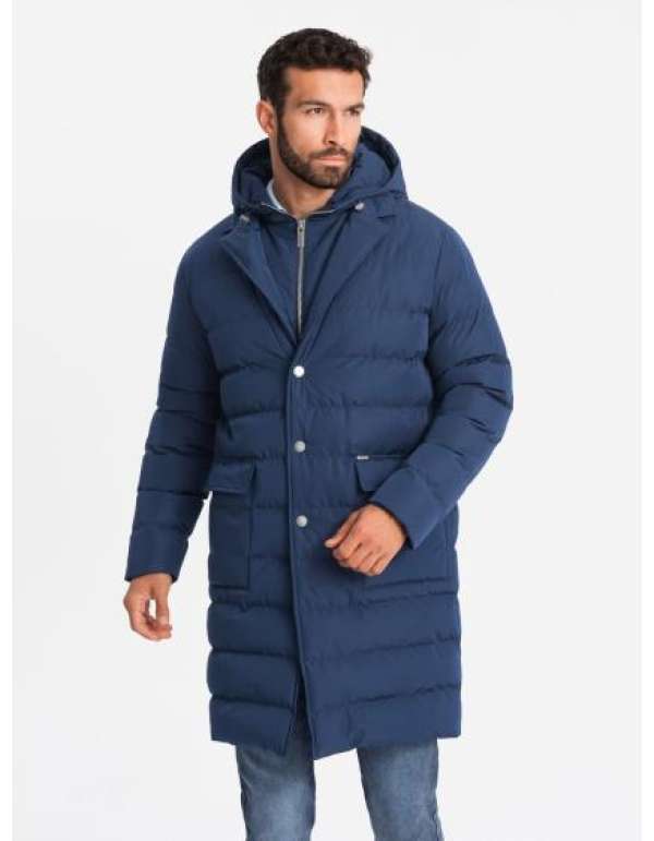 Férfi hosszú steppelt kabát hajtókával és béléssel - sötétkék V1