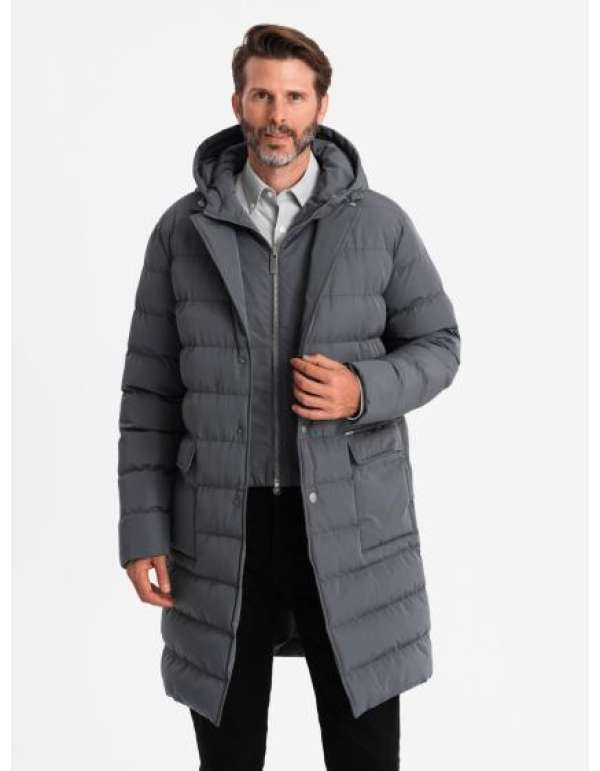 Férfi hosszú steppelt kabát hajtókával és béléssel - grafit V2
