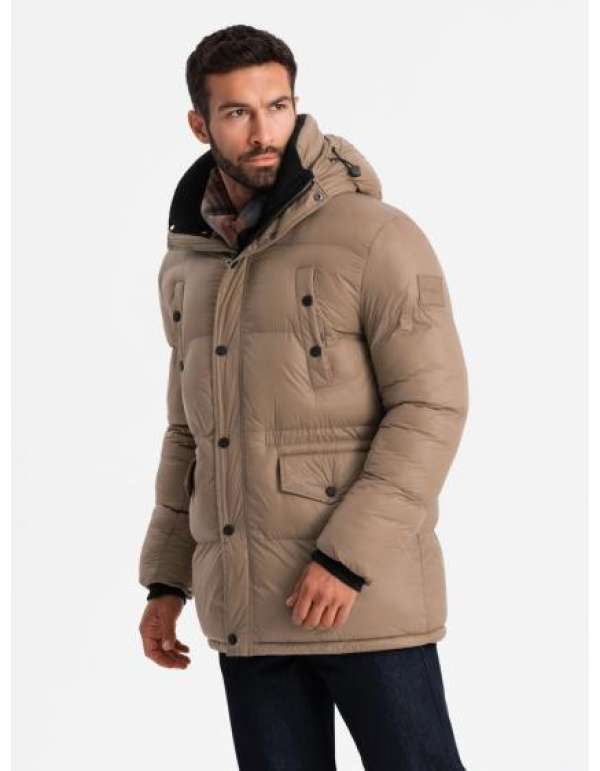 Férfi hosszú pehelypaplan dzseki foltos zsebekkel - barna V2