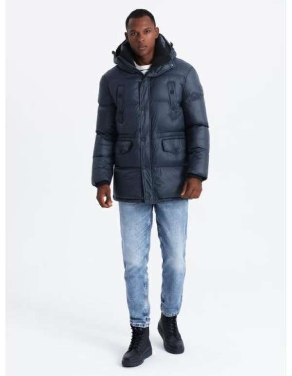 Férfi hosszú pehelypaplan dzseki foltos zsebekkel - sötétkék V3