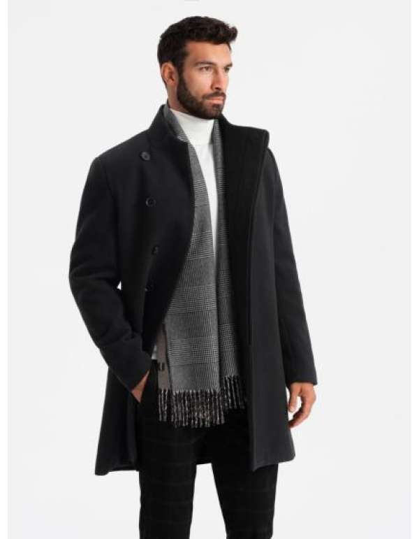 Férfi kabát magas gallérral és aszimmetrikus záródással - fekete