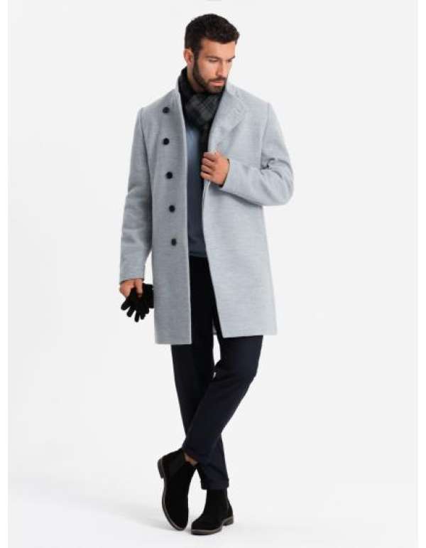 Férfi kabát magas gallérral és aszimmetrikus záródással - szürke melange