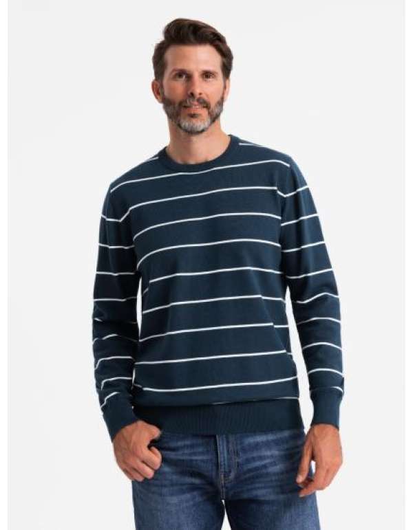 Alkalmi férfi pulóver vízszintes csíkokkal - tengerészkék