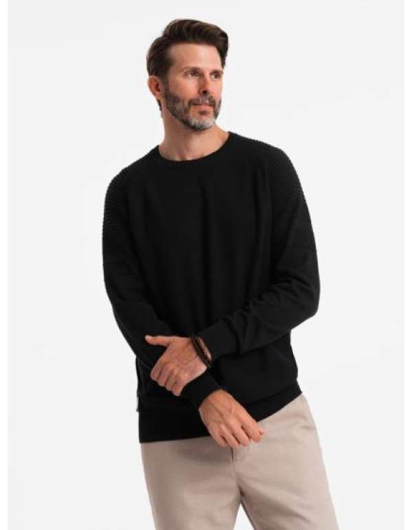 Férfi raglan pulóver bordázott ujjakkal - fekete