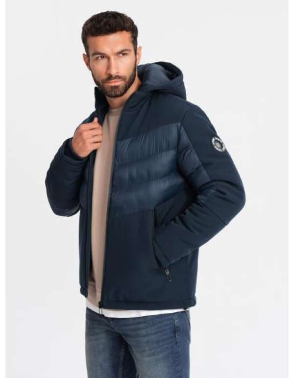 Férfi steppelt sportdzseki kombinált anyagból készült, magas gallérral - tengerészkék