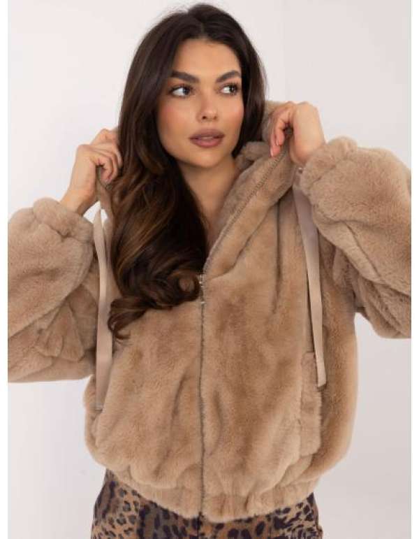 Bézs színű rövid műszőrme kabát viszkózból