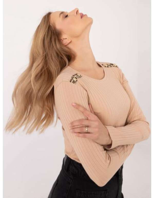 Camel bordázott pamut hosszú ujjú blúz