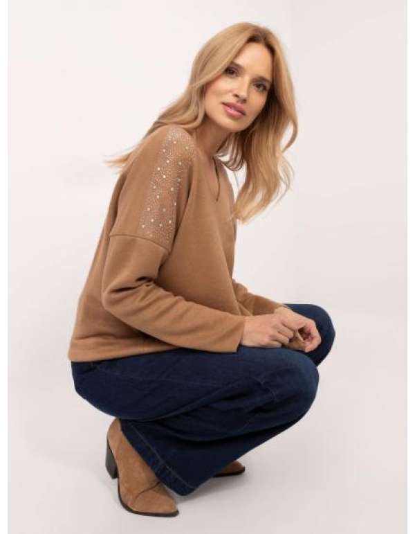 Camel női oversize pulóver V nyakkivágással