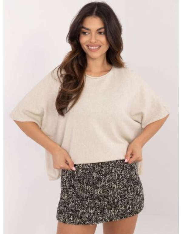 Bézs színű női basic pulóver 3/4-es ujjakkal