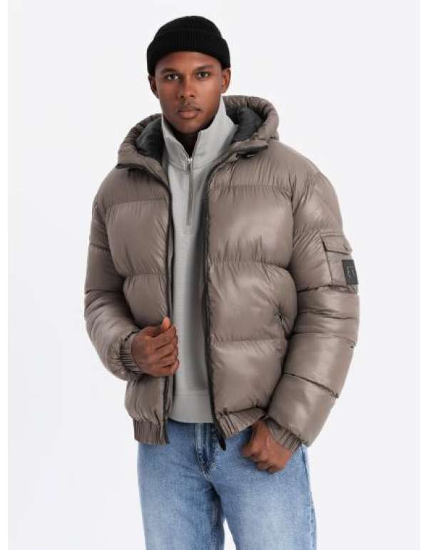 Férfi meleg pehelypaplan kabát kabátkivágással - sötétbézs