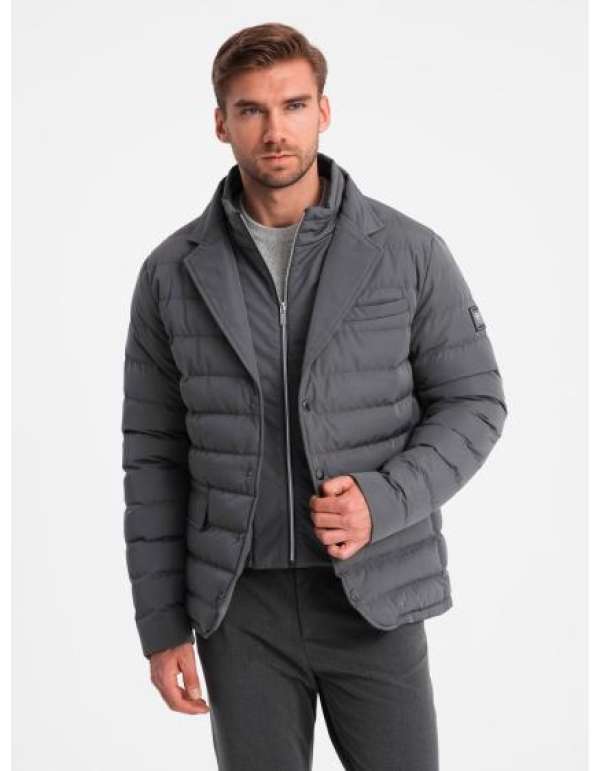 Férfi steppelt kabát kabátkivágással - grafit