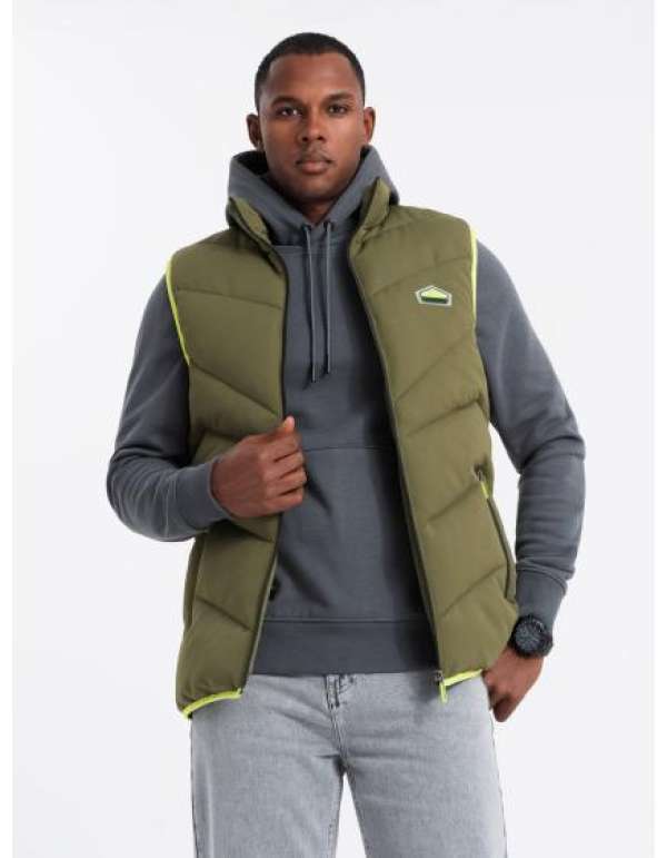 Férfi steppelt mellény neon akcentussal - olajzöld színben