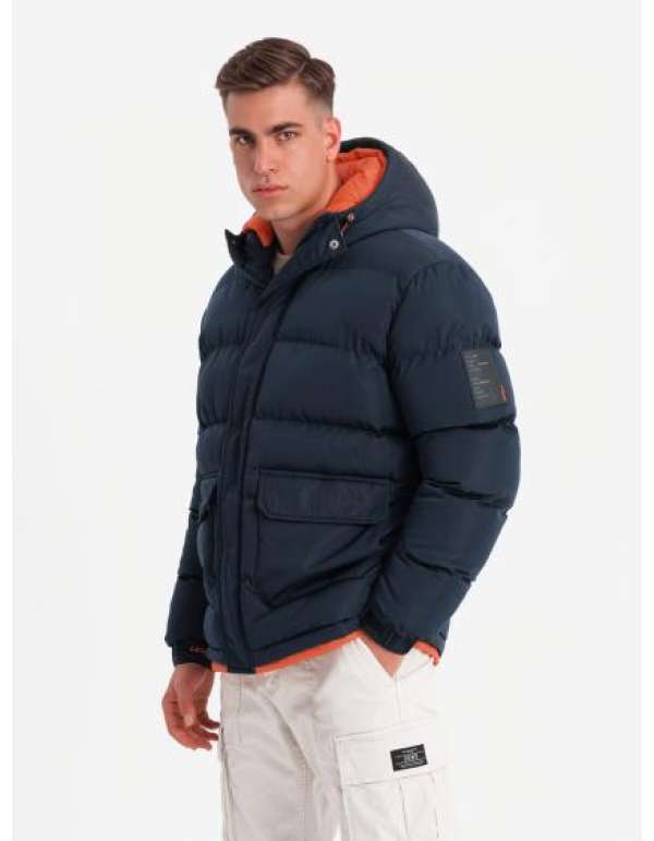 Férfi sportos meleg kabát dupla kapucnival - sötétkék