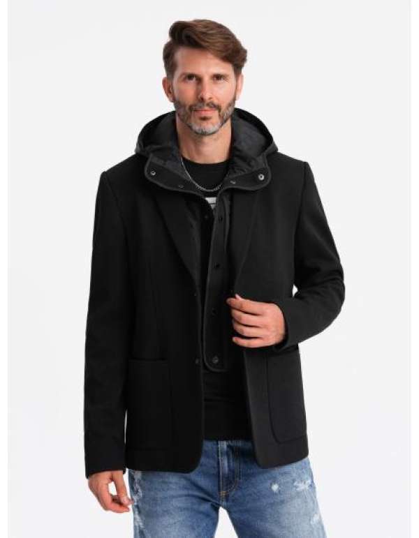 Férfi kabát magas gallérral és kapucnival - fekete