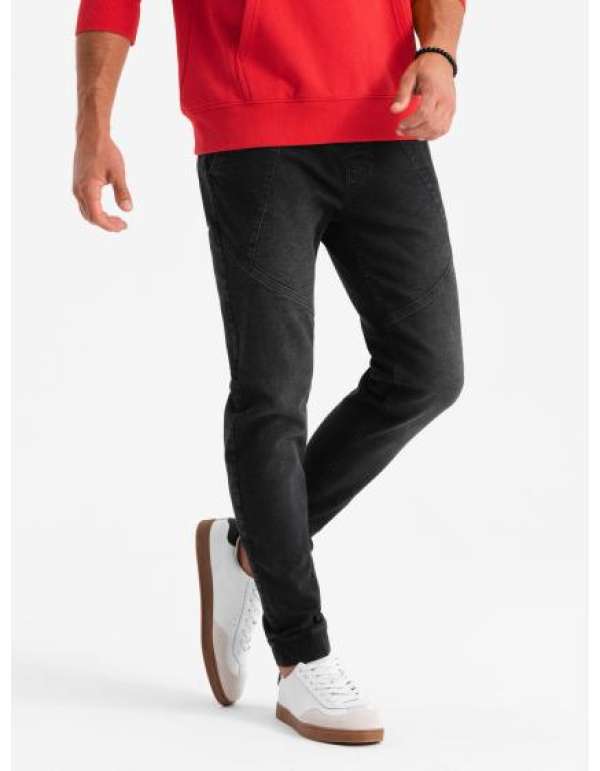 Férfi farmer tréningnadrág aszimmetrikus varrással - fekete