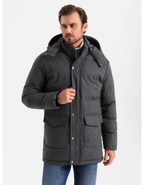 Férfi hosszú meleg parka kabát gyapjúval - fekete melange V2