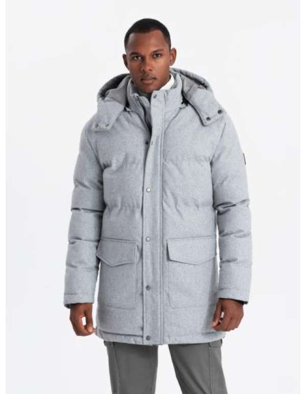 Férfi hosszú meleg parka kabát gyapjúval - világosszürke melange V3