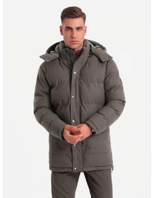 Férfi hosszú meleg parka kabát gyapjúval - sötétszürke melange V4