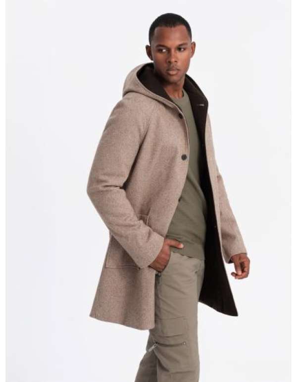 Férfi melange hosszú kabát kapucnival - szürke V1