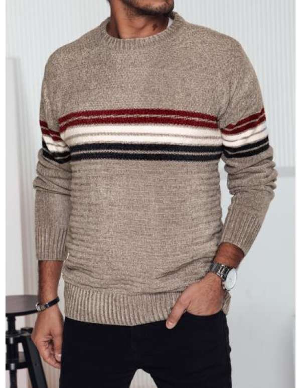 Férfi csíkos pulóver világosbarna