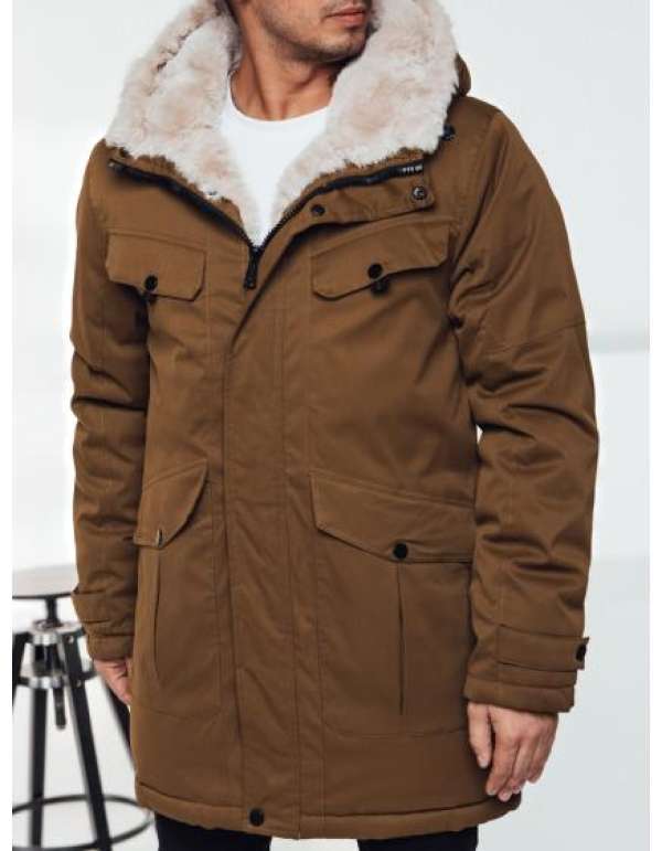 Férfi téli parka kabát kapucnival sötétbézs színben