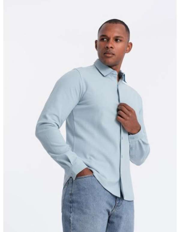 Férfi SLIM FIT póló dekoratív anyagból - kék V1