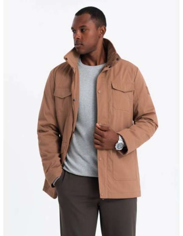 Férfi enyhén szigetelt kabát magas gallérral és zsebekkel - barna V1