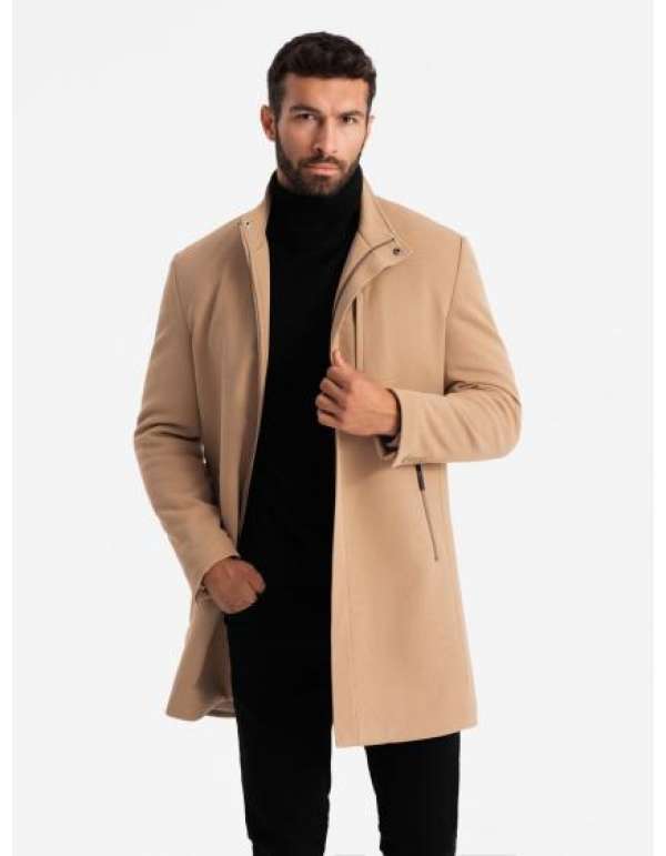 Férfi strukturált kabát magas gallérral - világosbarna V4