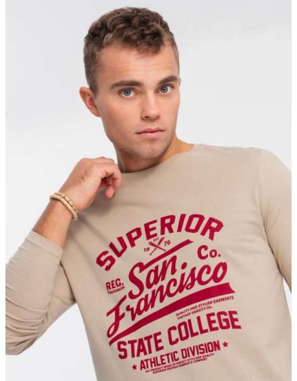 Férfi hosszú ujjú póló kollektív nyomattal - homok V1