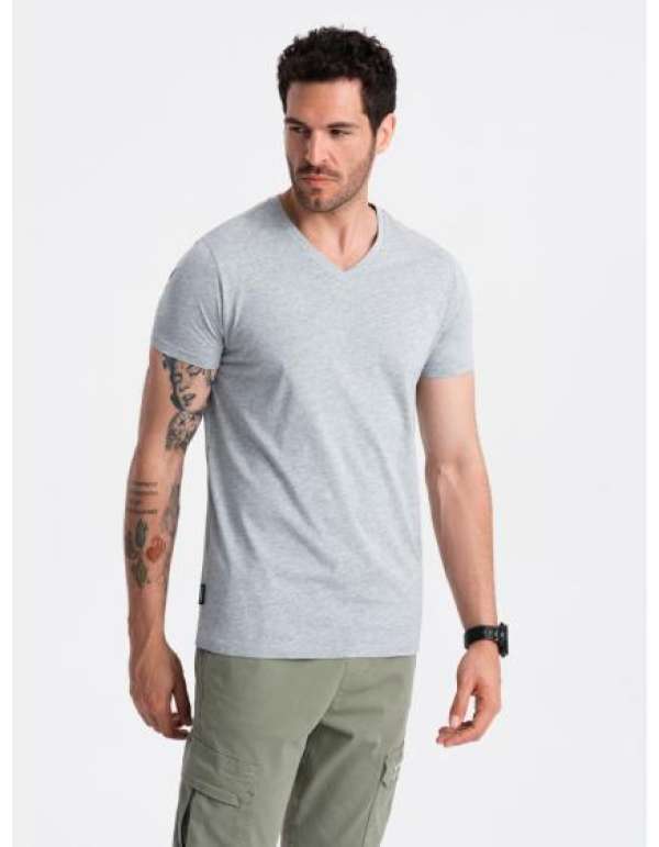 BASIC férfi klasszikus pamut póló csavart nyakkivágású póló - szürke V16
