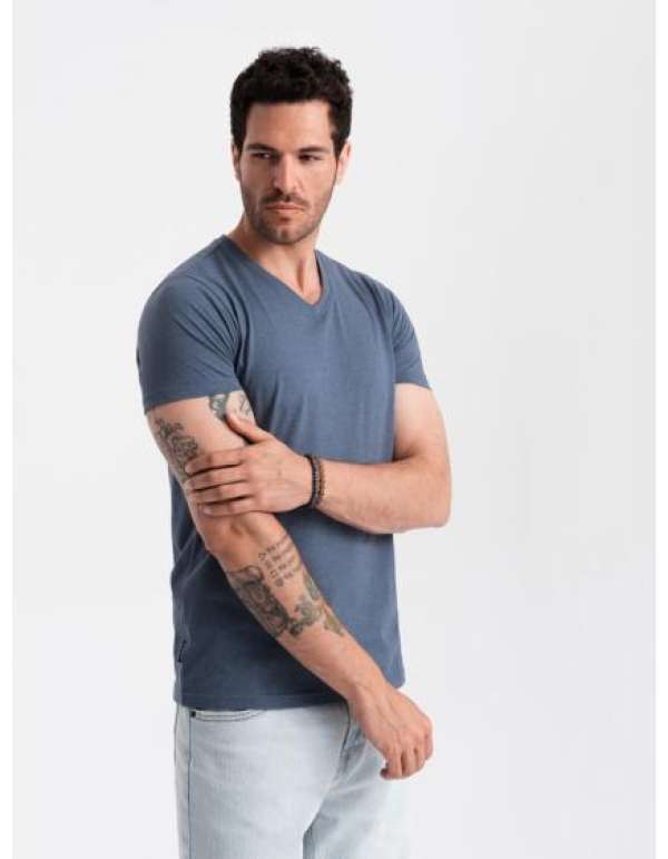 BASIC férfi klasszikus pamut póló kígyózó nyakkivágással - kék V18