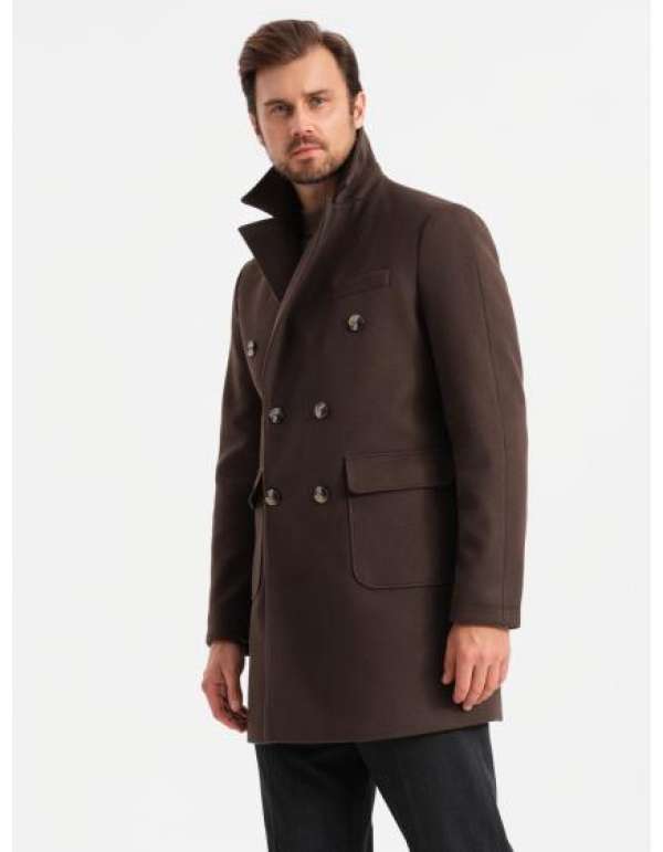 Férfi kétmellű kabát díszgombokkal - sötétbarna V3