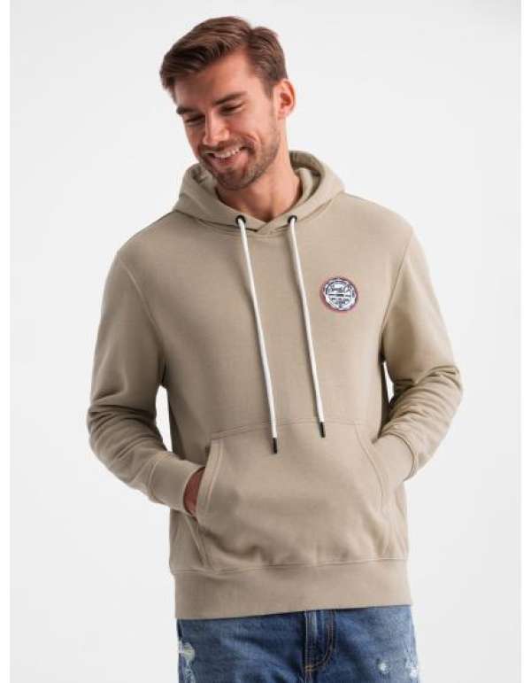 Férfi kapucnis kenguru pulóver egyetemi stílusú foltokkal - homok V3