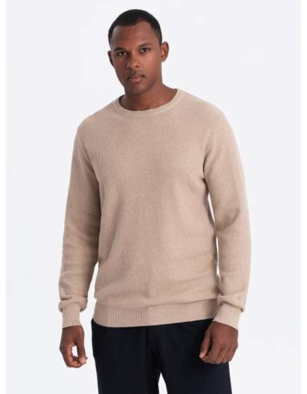 Férfi melange struktúrált kötött pulóver - homok V3