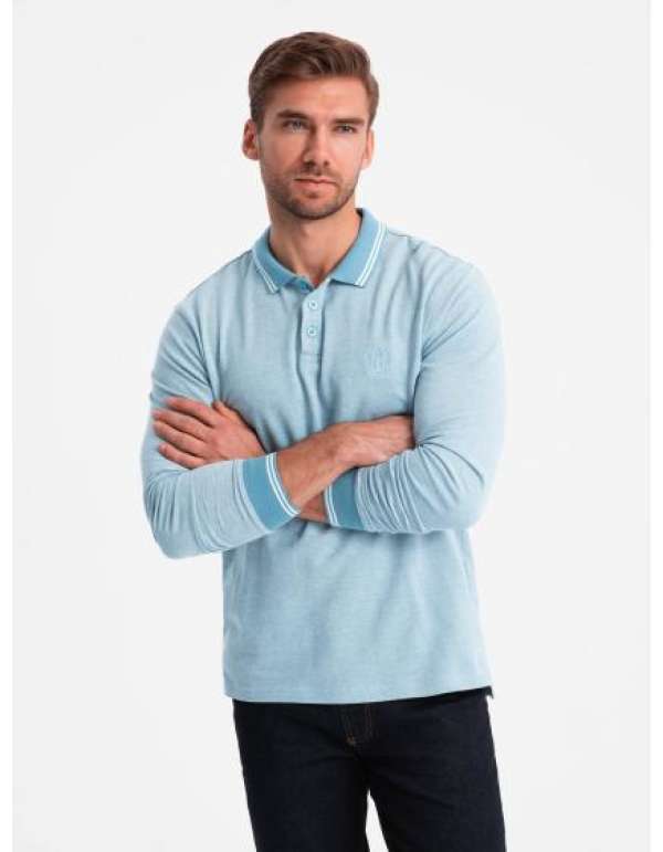 Férfi melange hosszú ujjú hímzett pólóing - kék melange V3