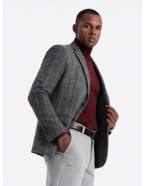 Elegancka męska marynarka w kratkę z wełną - szara V1 OM-BLZB-0137