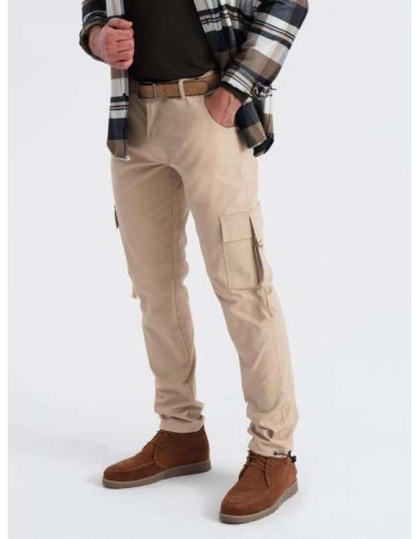Férfi egyenes szárú cargo nadrág csíkos zsebekkel - homok V2 OM-PACG-0197 OM-PACG-0197