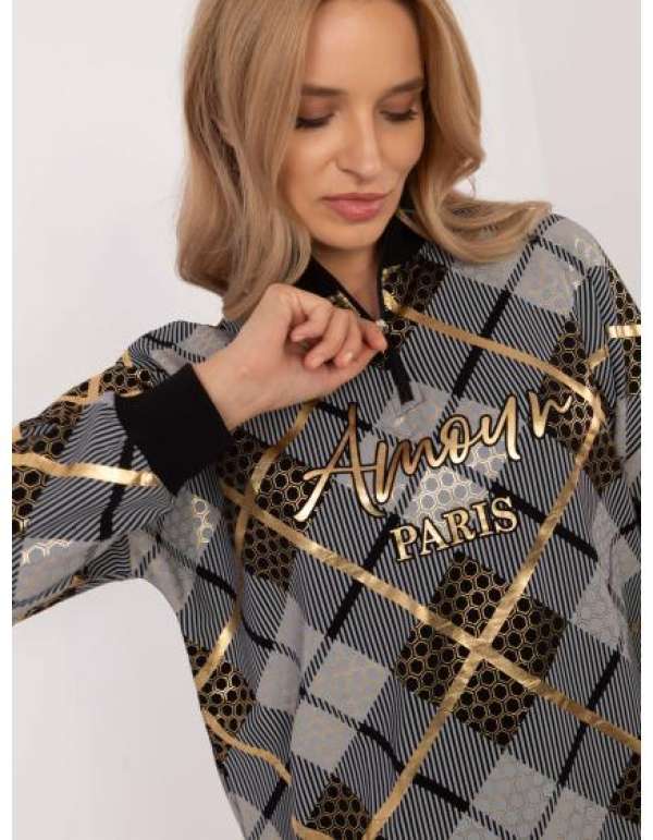 Fekete női nyomtatott pulóver állógallérral