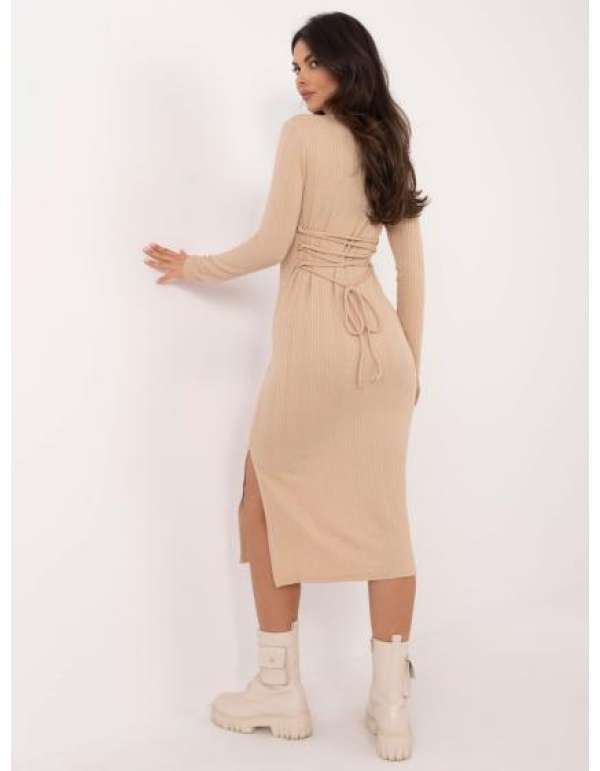 Bézs színű bodycon ruha fűzős nyakkendővel