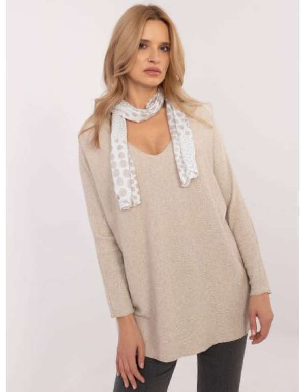 Bézs színű, túlméretezett, v-nyakú pulóver