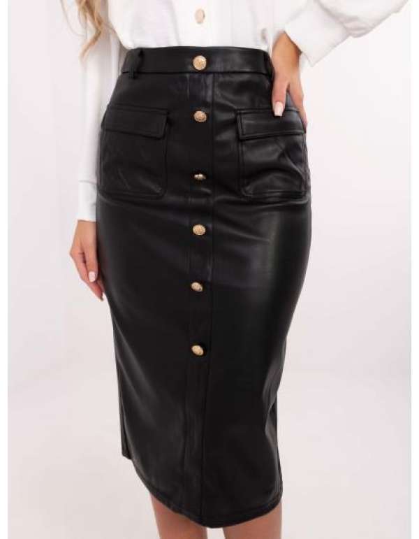 Fekete midi szoknya ökobőrből, zsebekkel