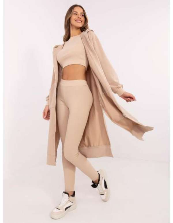 Bézs színű szett leggingsszel és csíkos felsővel