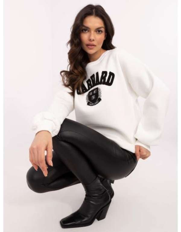 Ecru színű női oversize kapucnis pulóver kapucni nélkül