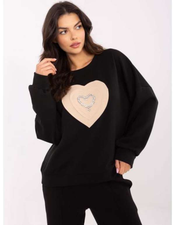 Fekete női kapucnis pulóver szív alakú applikációkkal