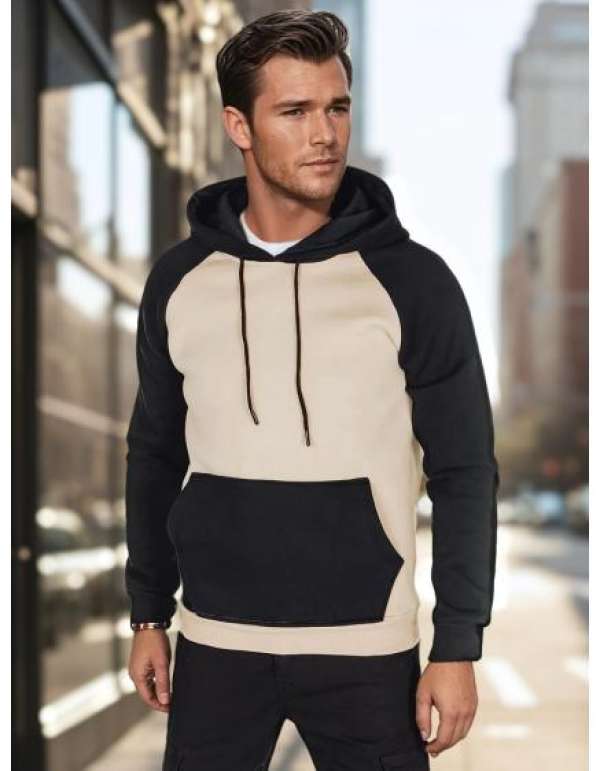 Férfi alap pulóver kapucnival, bézs