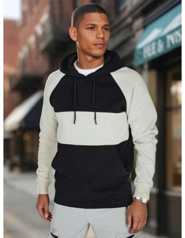 Férfi alap pulóver kapucnival, szürke-fekete csíkos